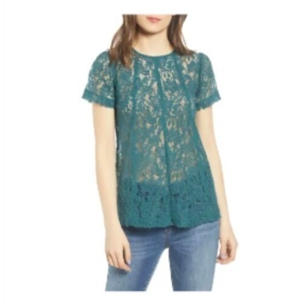 Chelsea28 Blouse Size 8 Dark Teal Floral Lace Embroidered Crew Neck Back Button